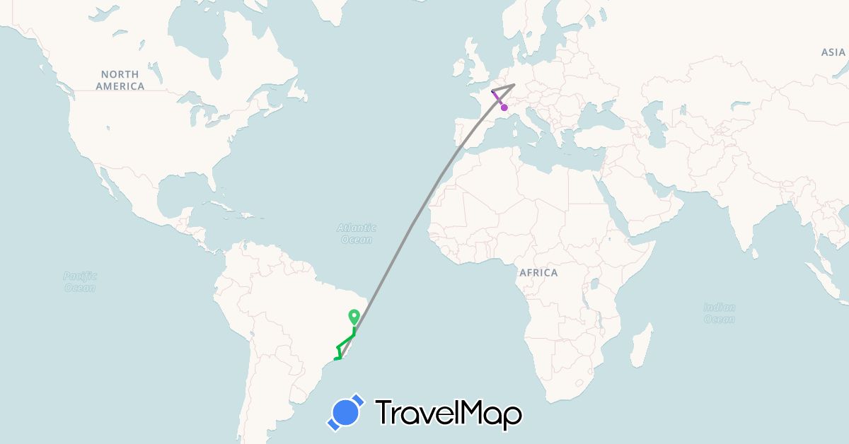 TravelMap itinerary: driving, bus, plane, train, boat in Brazil, Germany, France (Europe, South America)
